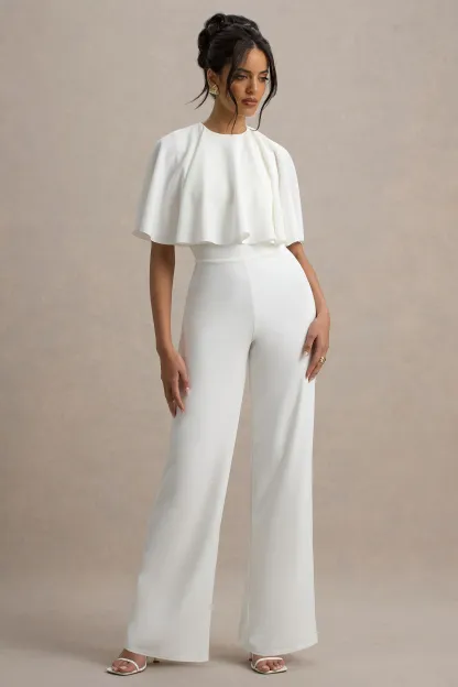 White Straight-Leg Jumpsuit With Cape