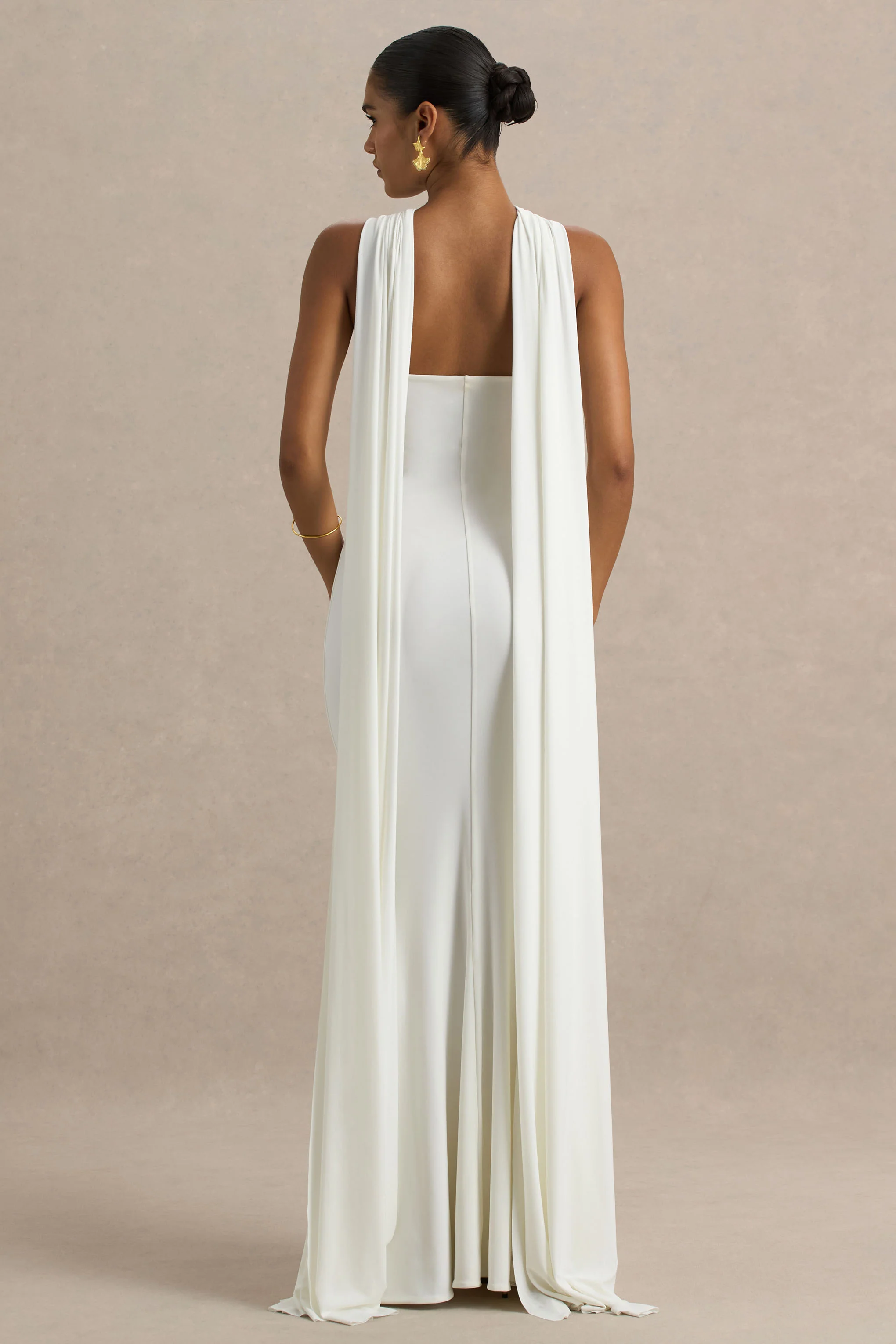 White Twist Halter-Neck Cape Maxi Dress