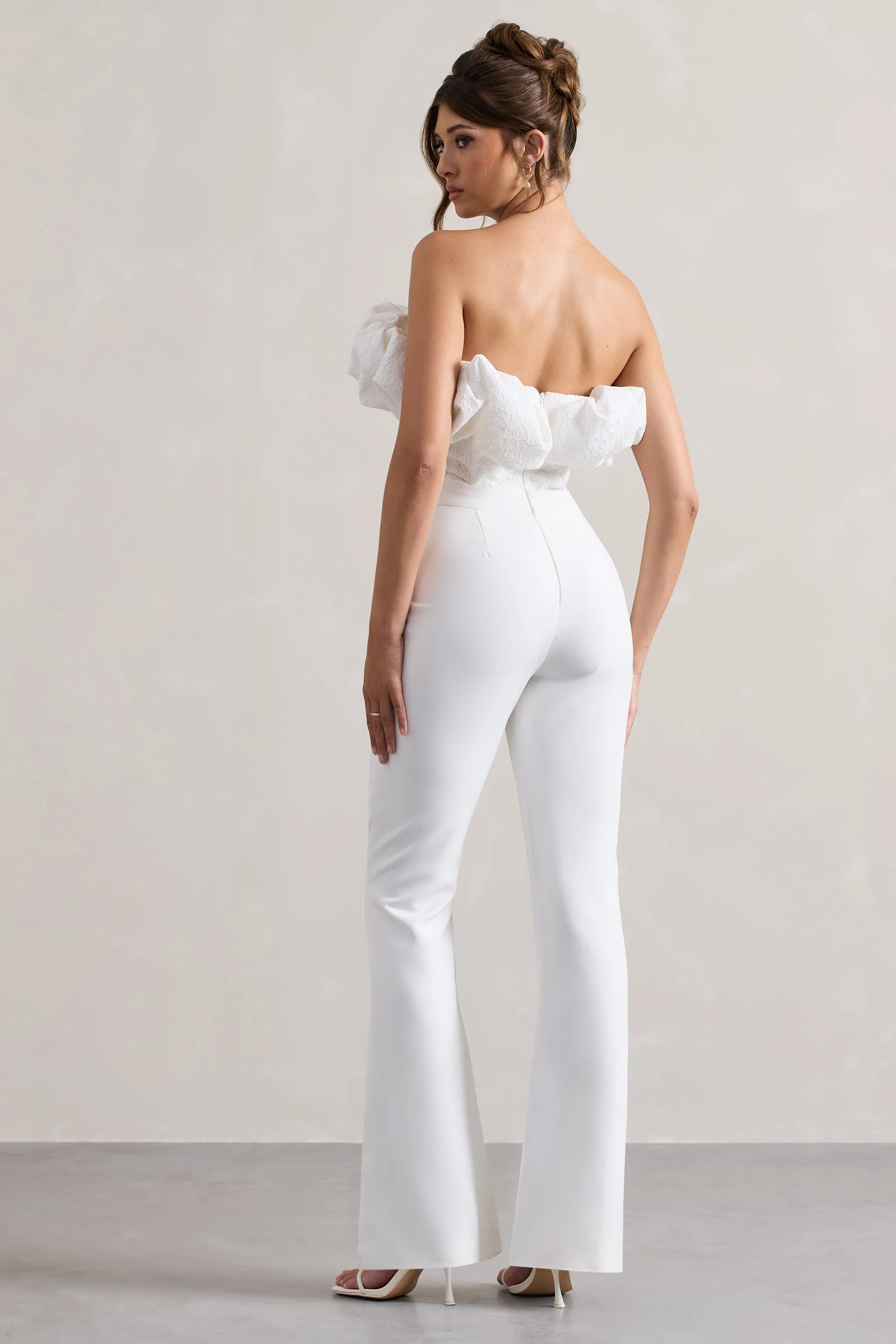 White Strapless Ruffled Flared-Leg Jumpsuit