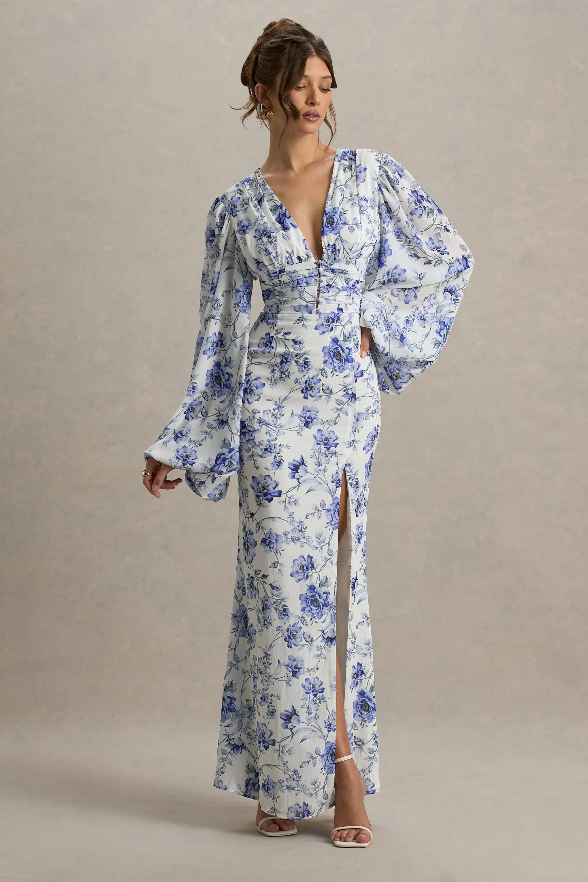 Blue Floral Print V-Neck Balloon Sleeve Maxi Dress