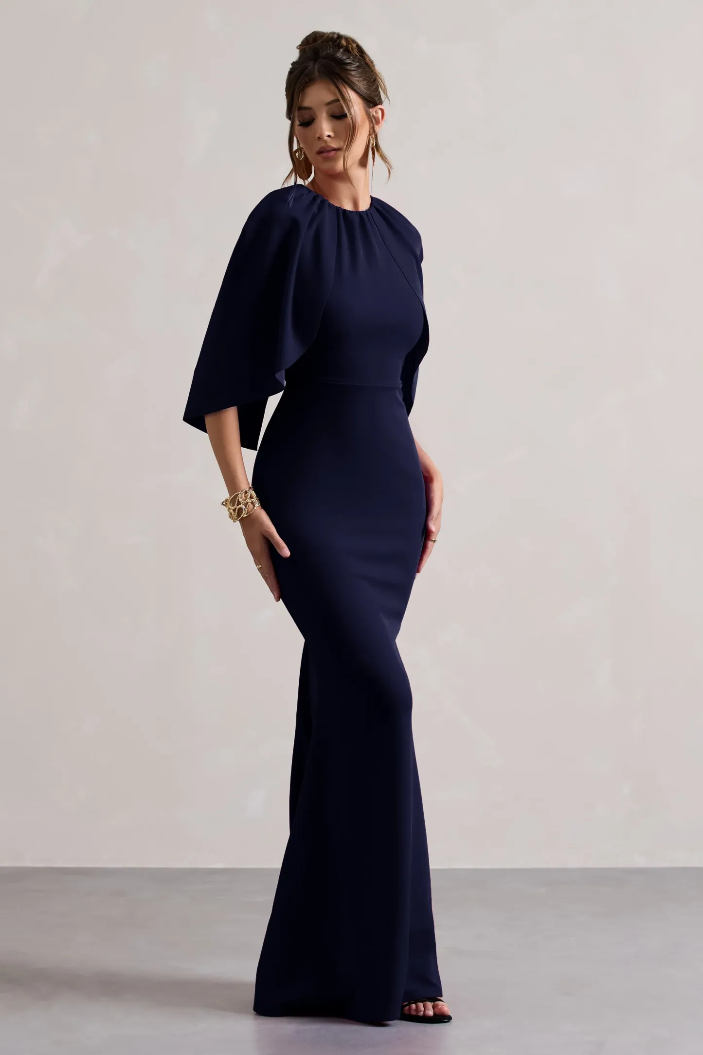 Navy Draped Short-Sleeve Maxi Dress