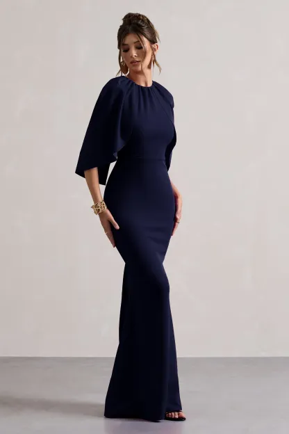 Navy Draped Short-Sleeve Maxi Dress