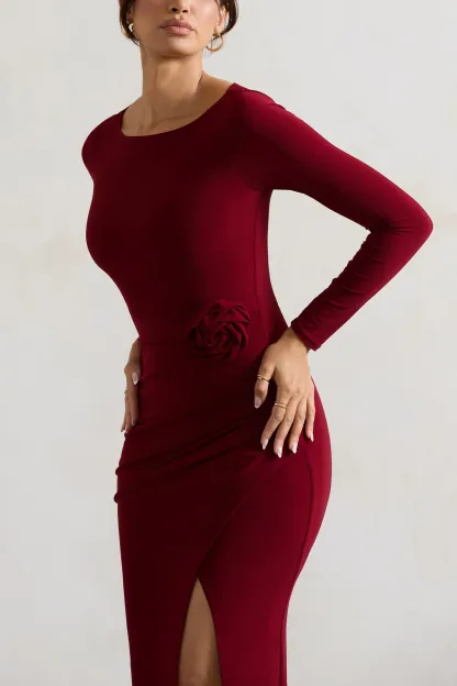 Berry Long-Sleeve Wrap Maxi Dress With Corsages