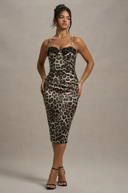 Leopard Print Satin Sweetheart Lace Trim Midi Dress