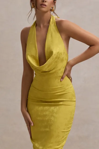 Mustard Satin Jacquard Cowl-Neck Midi Dress