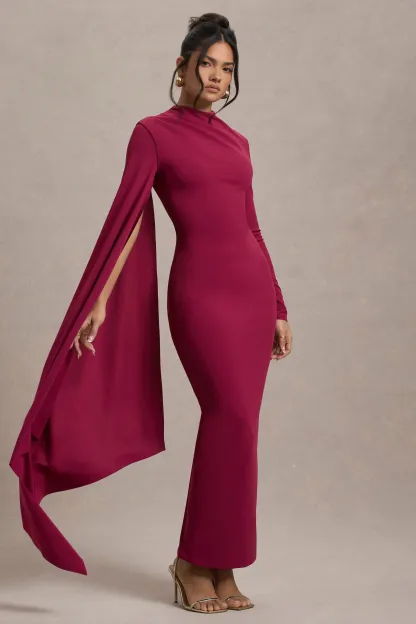 Mulberry High-Neck Long-Sleeve Maxi Dress With Cape Sleeve