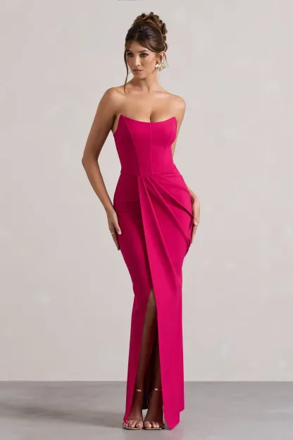 Hot Pink Strapless Corset Wrap Maxi Dress