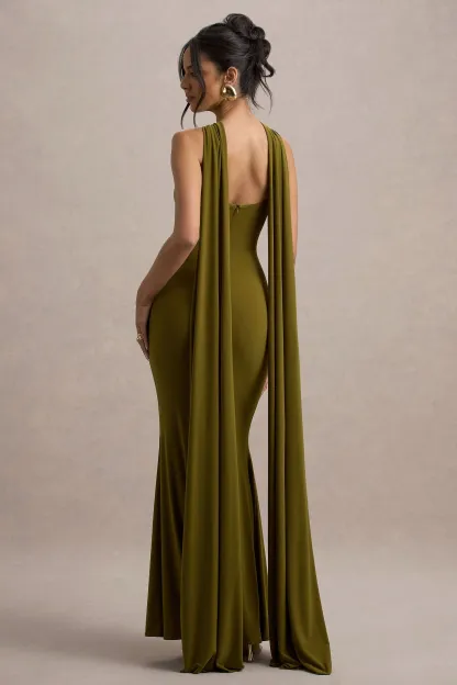 Green Twist Halter-Neck Cape Maxi Dress