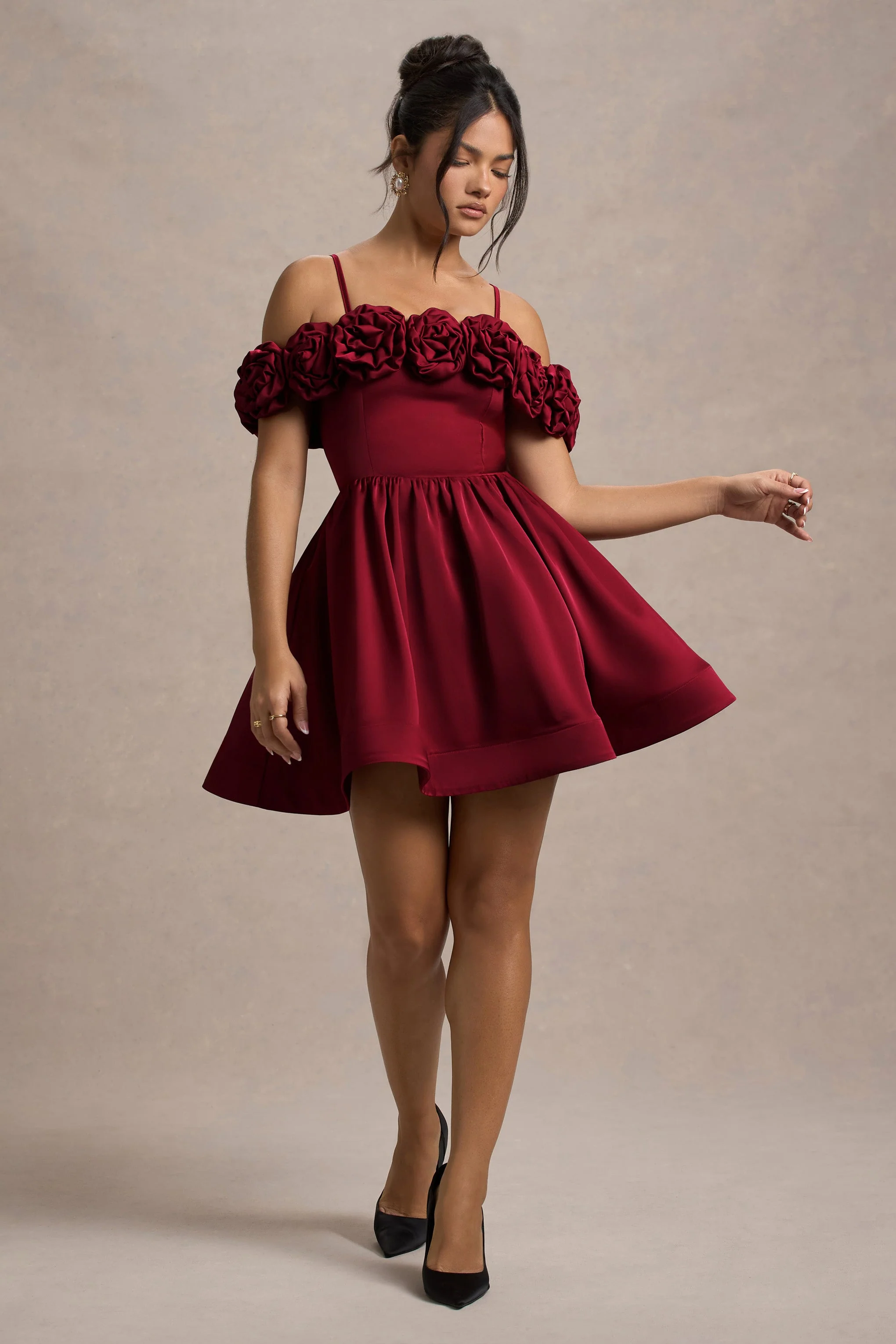 Berry Satin Floral Skater Mini Dress