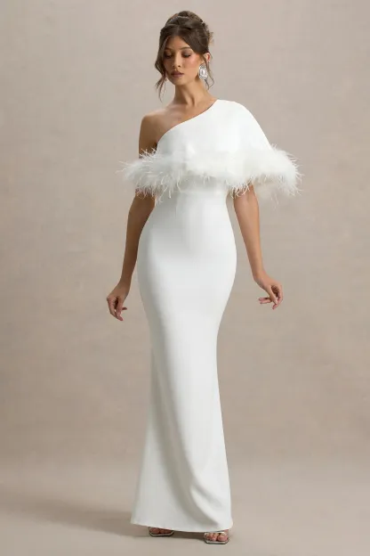 White Asymmetric Maxi Dress With Feather Trim