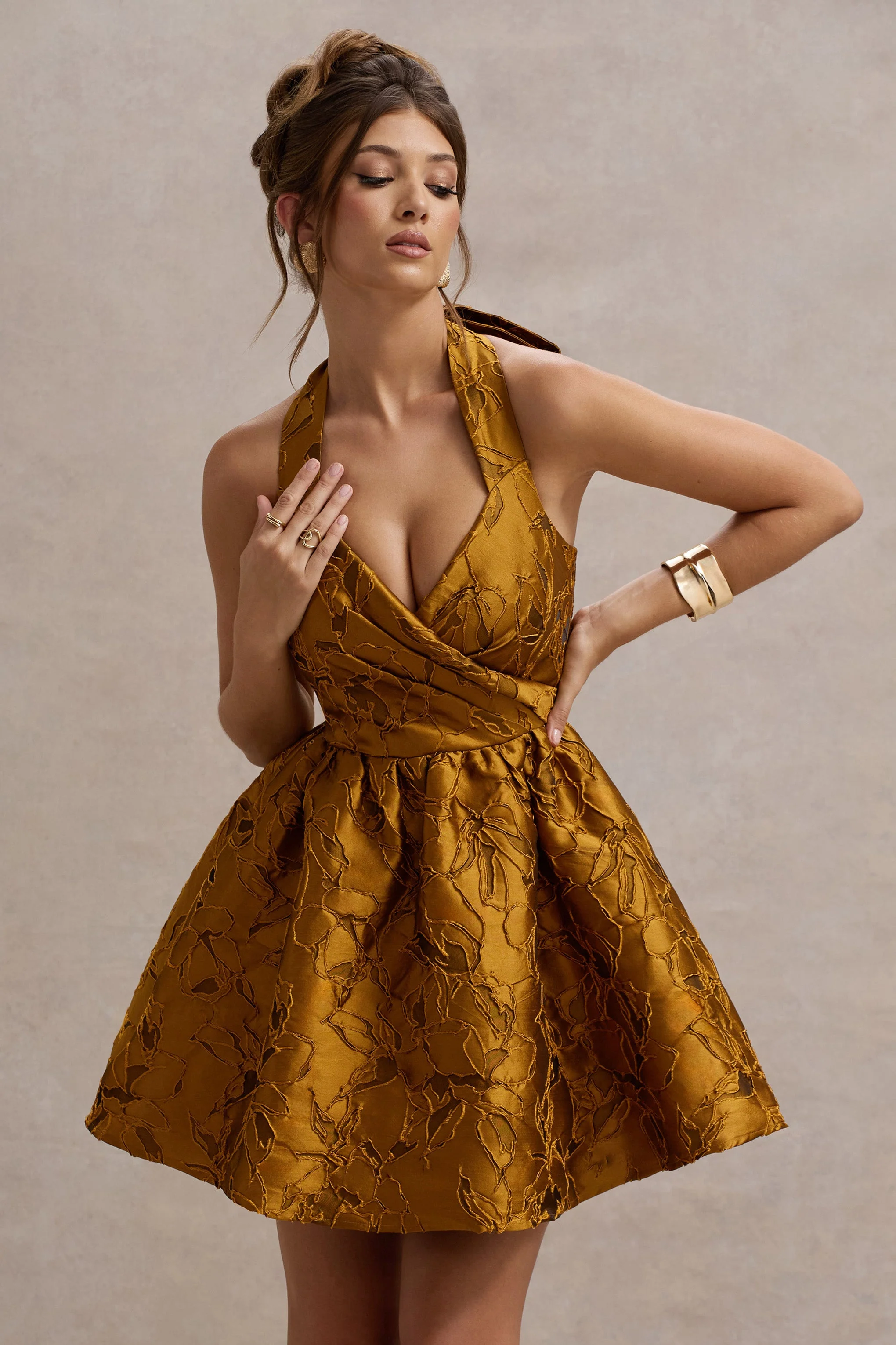 Mustard Floral Print Sweetheart Neck Mini Dress