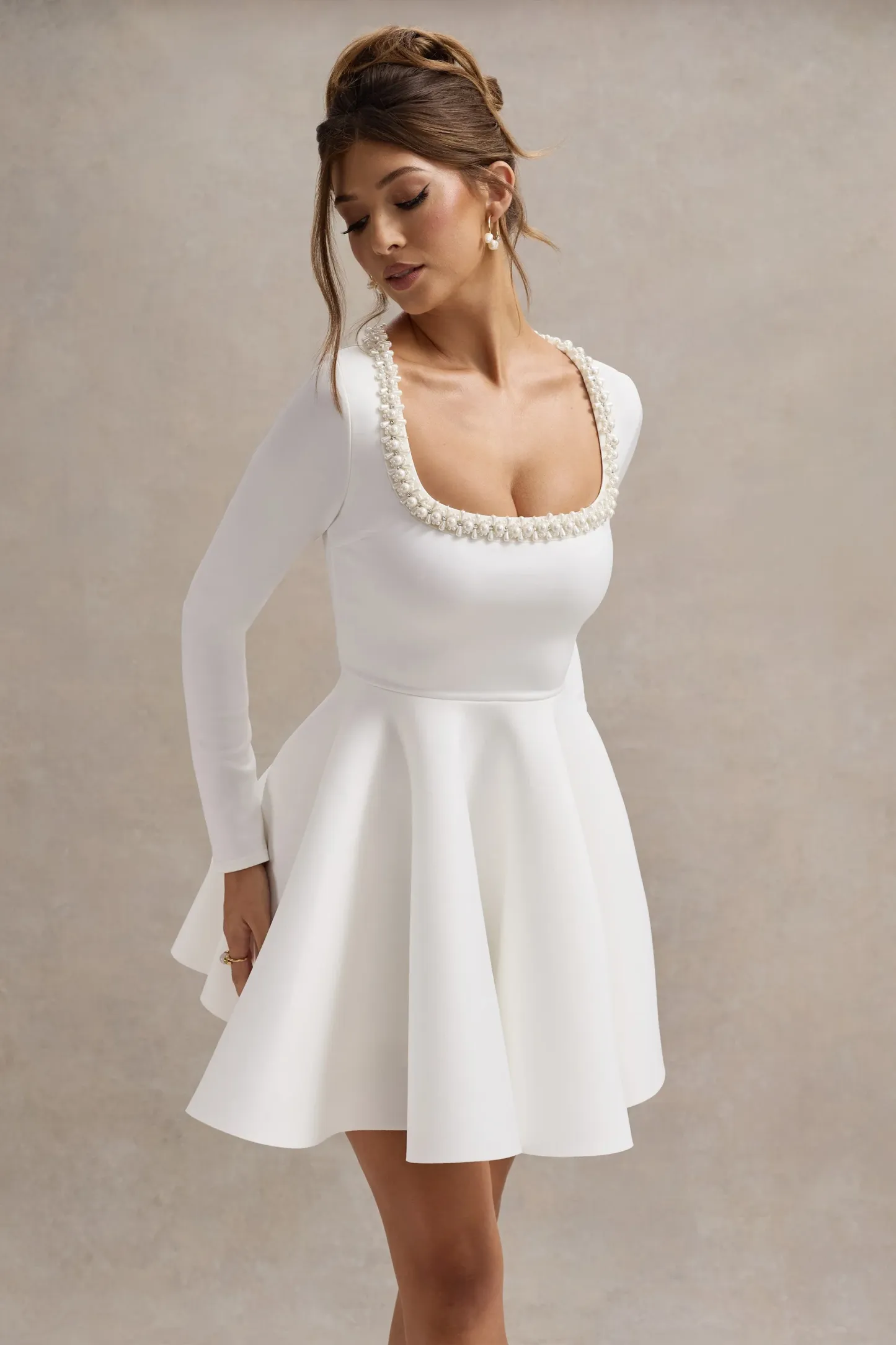 White Square-Neck Long-Sleeve Skater Mini Dress