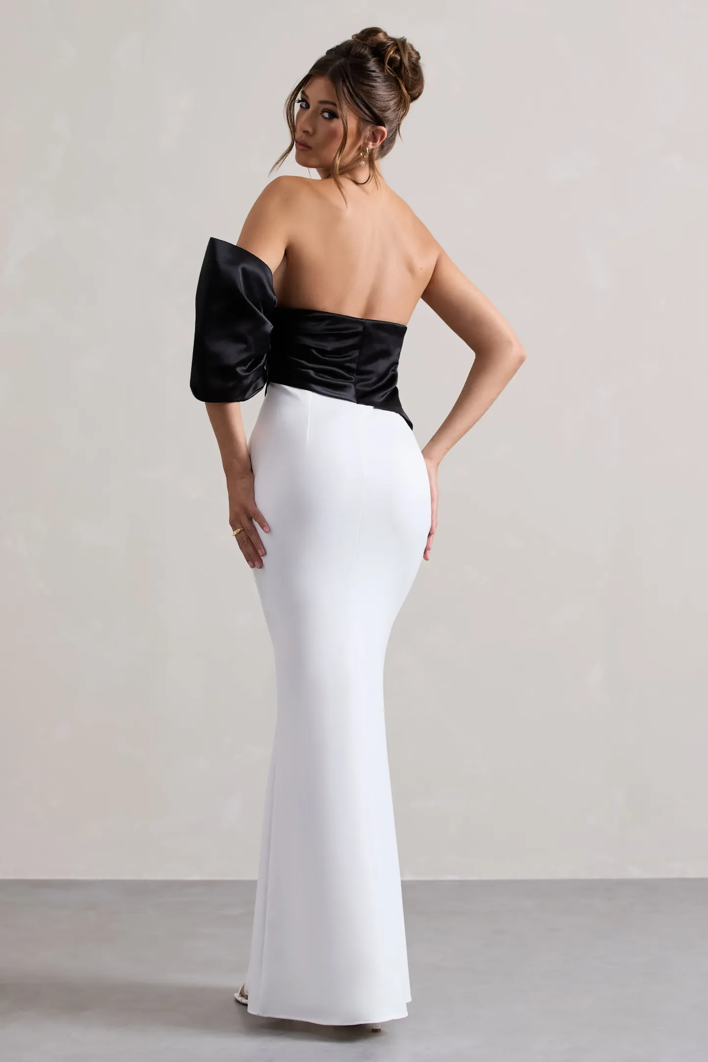 Black & White Asymmetric One-Sleeve Split Maxi Dress