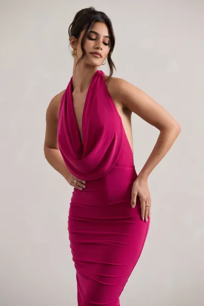 Hot Pink Cowl-Neck Asymmetric Maxi Dress