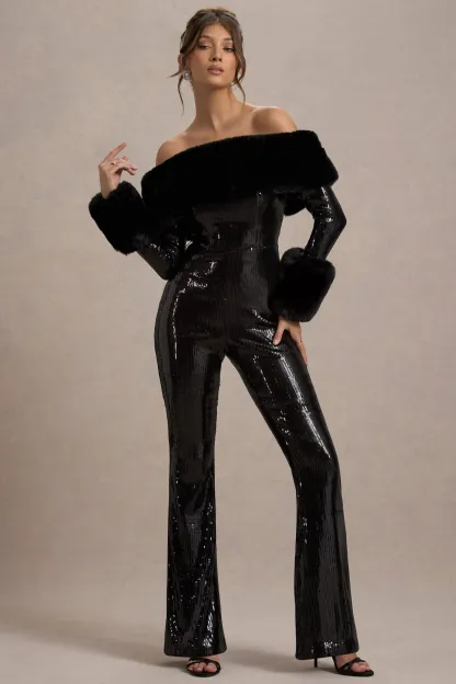 Black Sequin Bardot Flared-Leg Jumpsuit With Fur