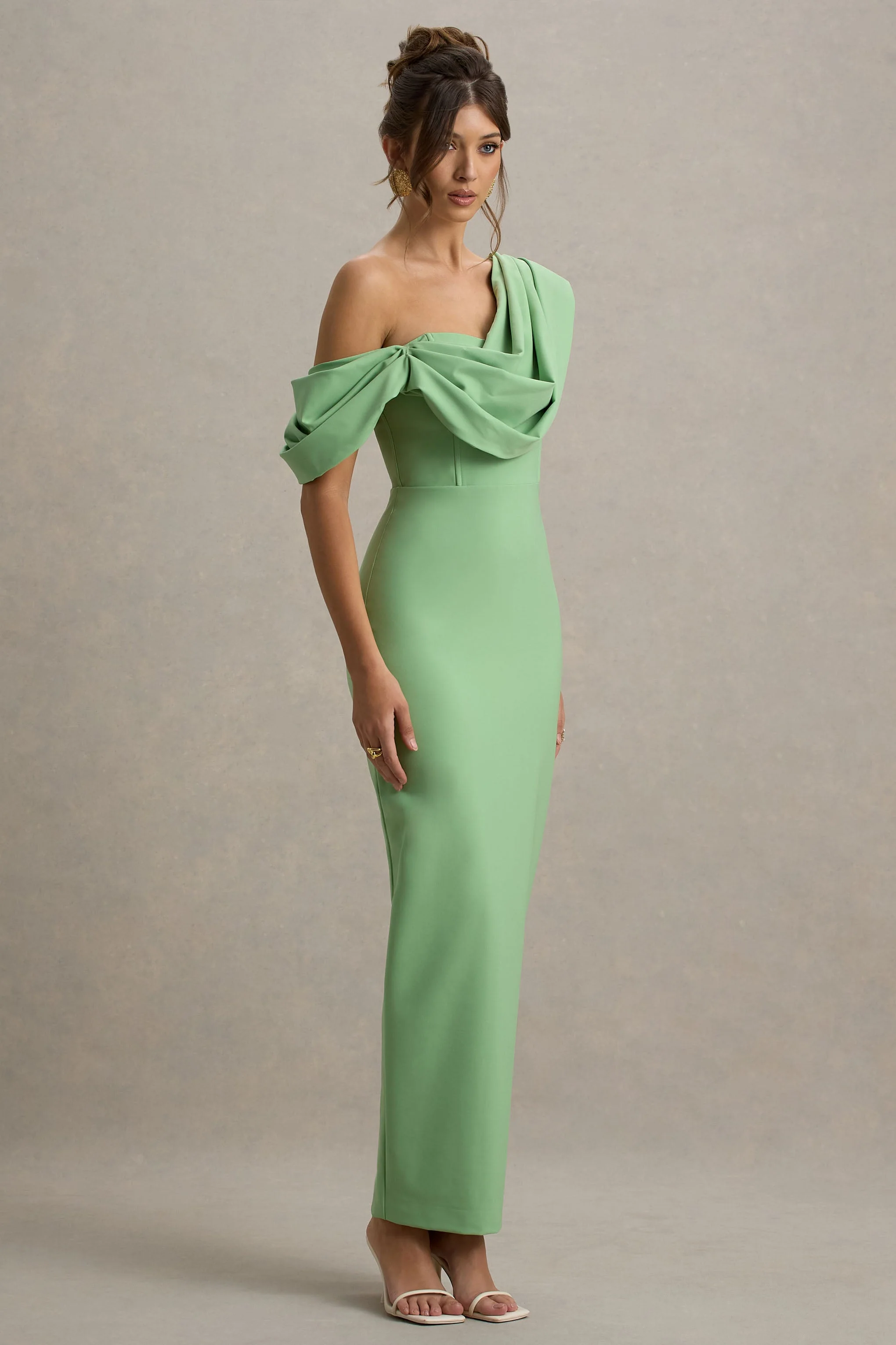 Green Draped Shoulder Maxi Dress