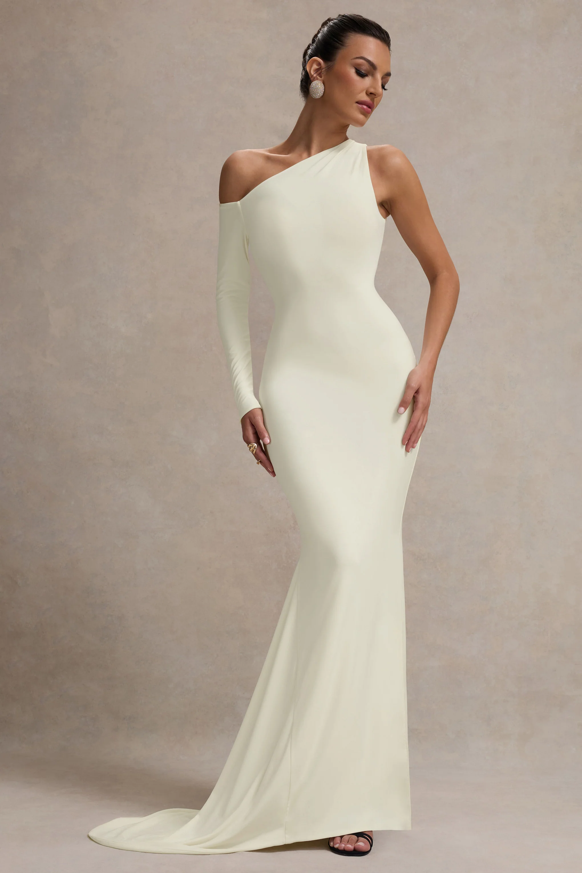 Cream One-Sleeve Asymmetric Maxi Dress