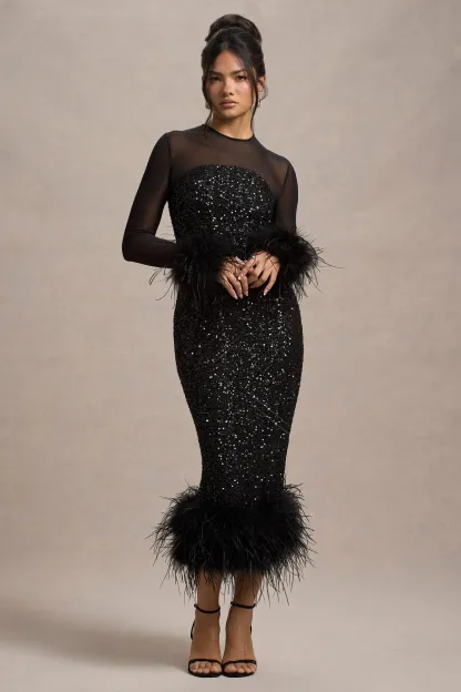 Black Sequin Long-Sleeve Midi Dress With Feather Trims