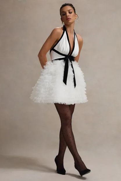 Black & White Plunge-Neck Mini Dress With Tulle Skirt