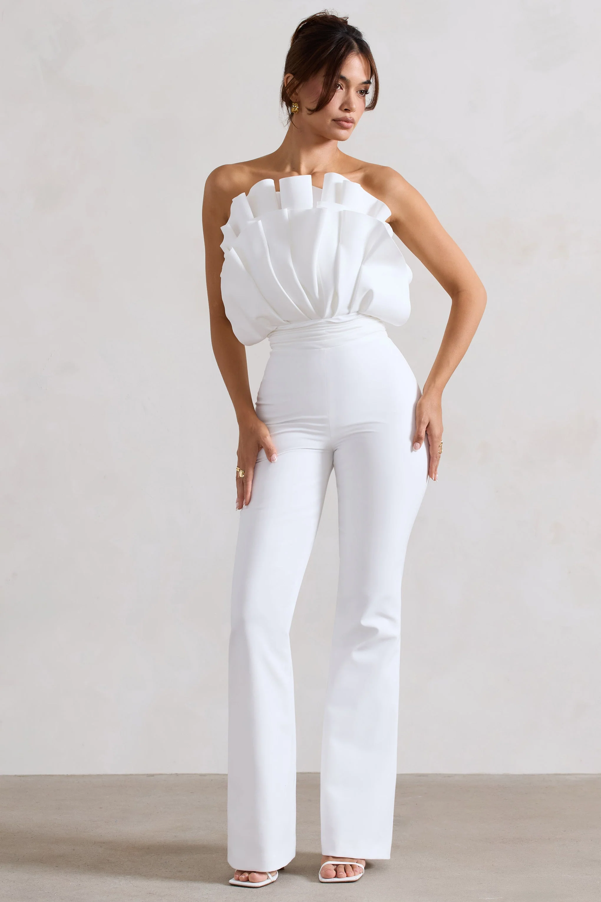 White Ruffled Strapless Flared-Leg Jumpsuit