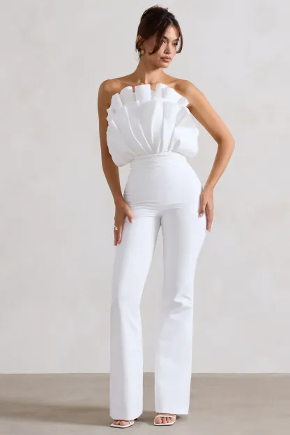 White Ruffled Strapless Flared-Leg Jumpsuit