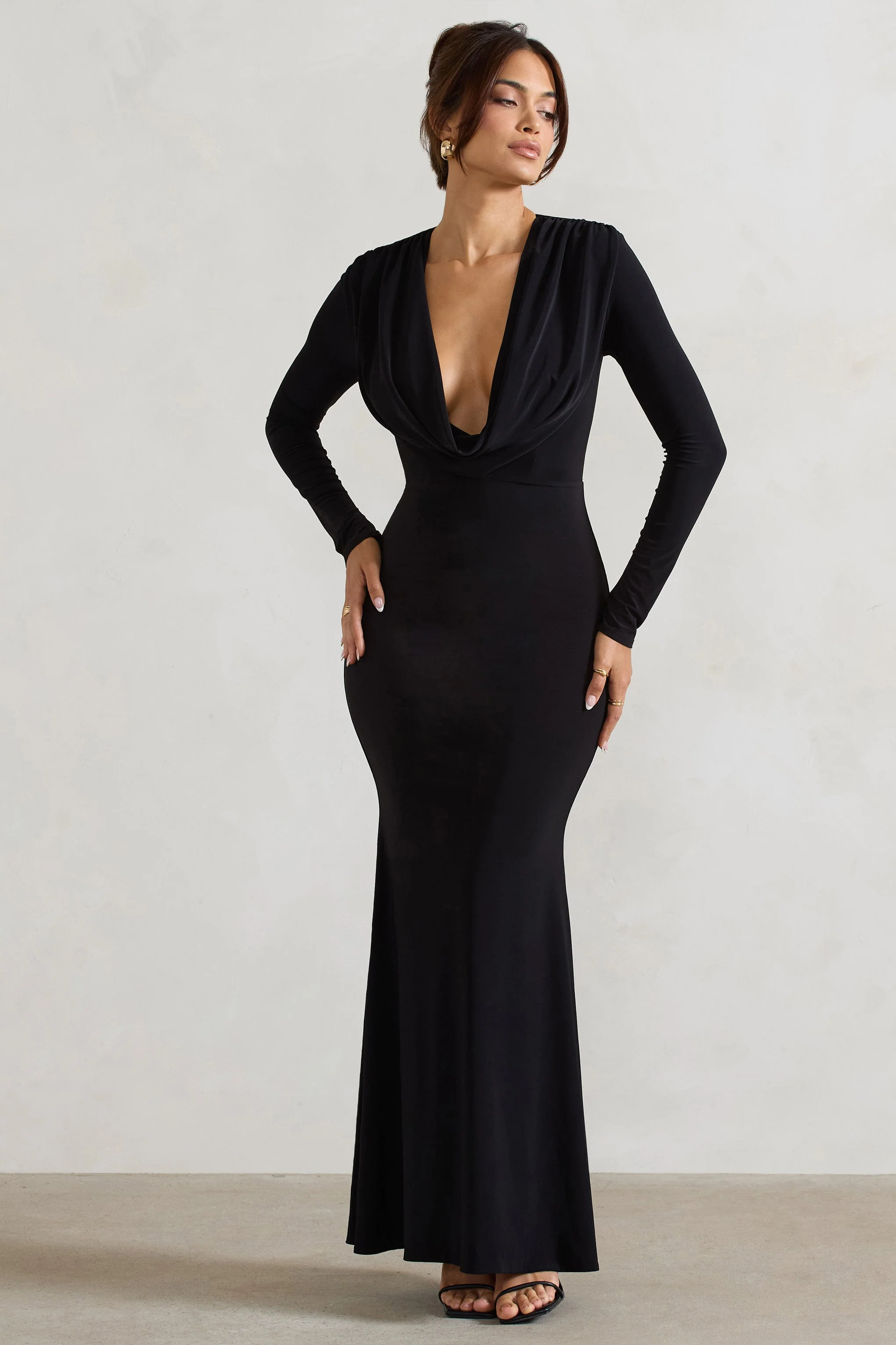 Black Cowl-Neck Long-Sleeve Maxi Dress