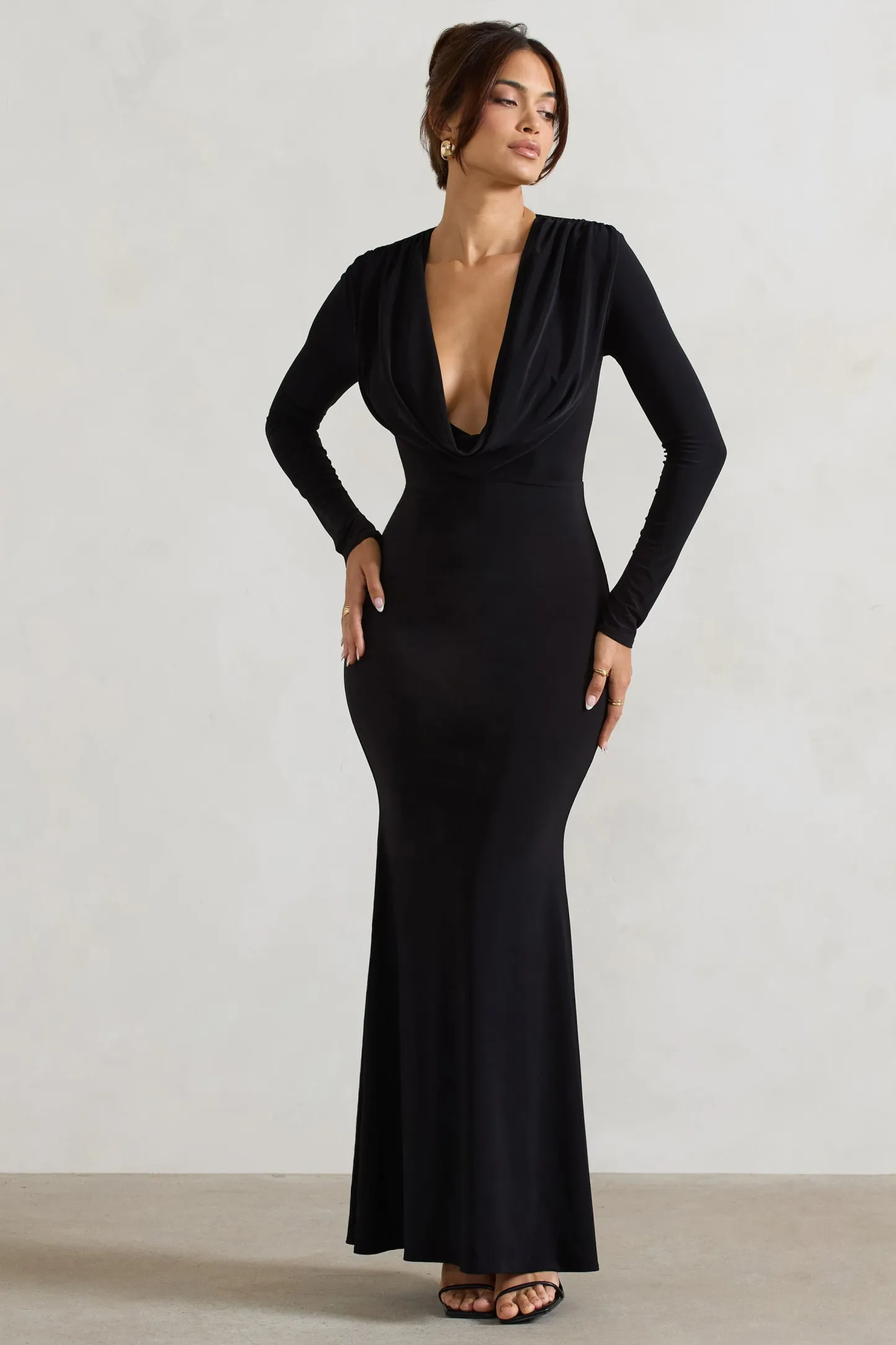 Black Cowl-Neck Long-Sleeve Maxi Dress
