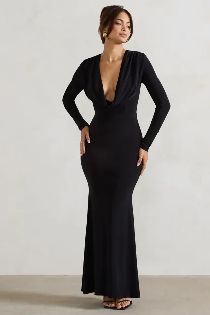 Black Cowl-Neck Long-Sleeve Maxi Dress