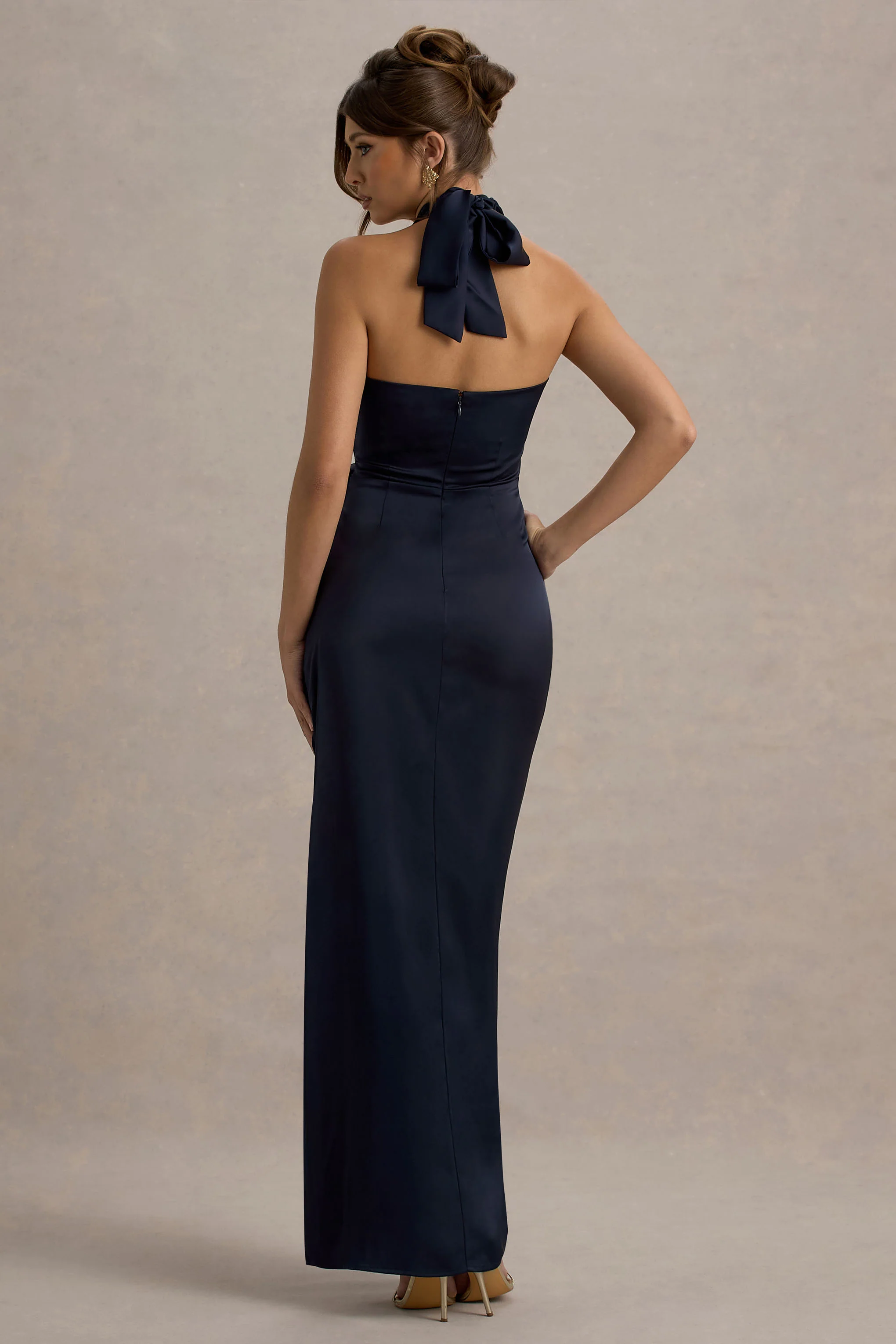 Navy Satin Plunge-Neck Wrap Maxi Dress