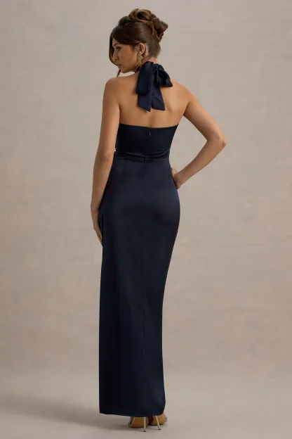 Navy Satin Plunge-Neck Wrap Maxi Dress