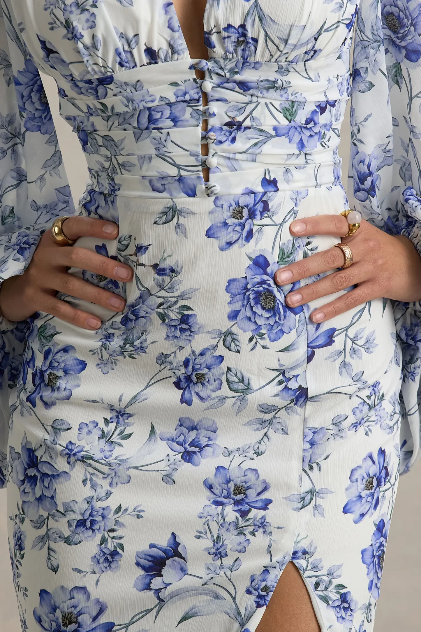 Blue Floral Print V-Neck Balloon Sleeve Maxi Dress