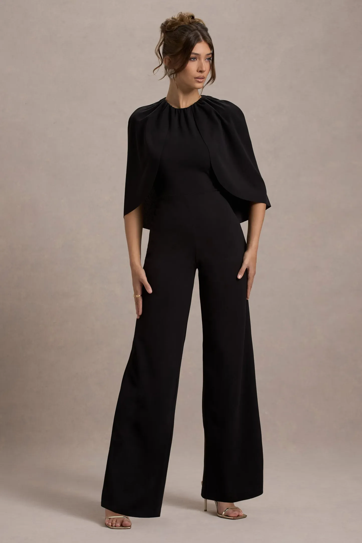 Black Cape-Sleeve Straight-Leg Jumpsuit