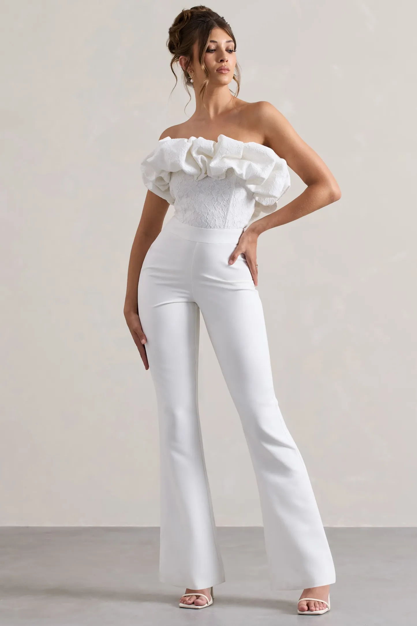White Strapless Ruffled Flared-Leg Jumpsuit