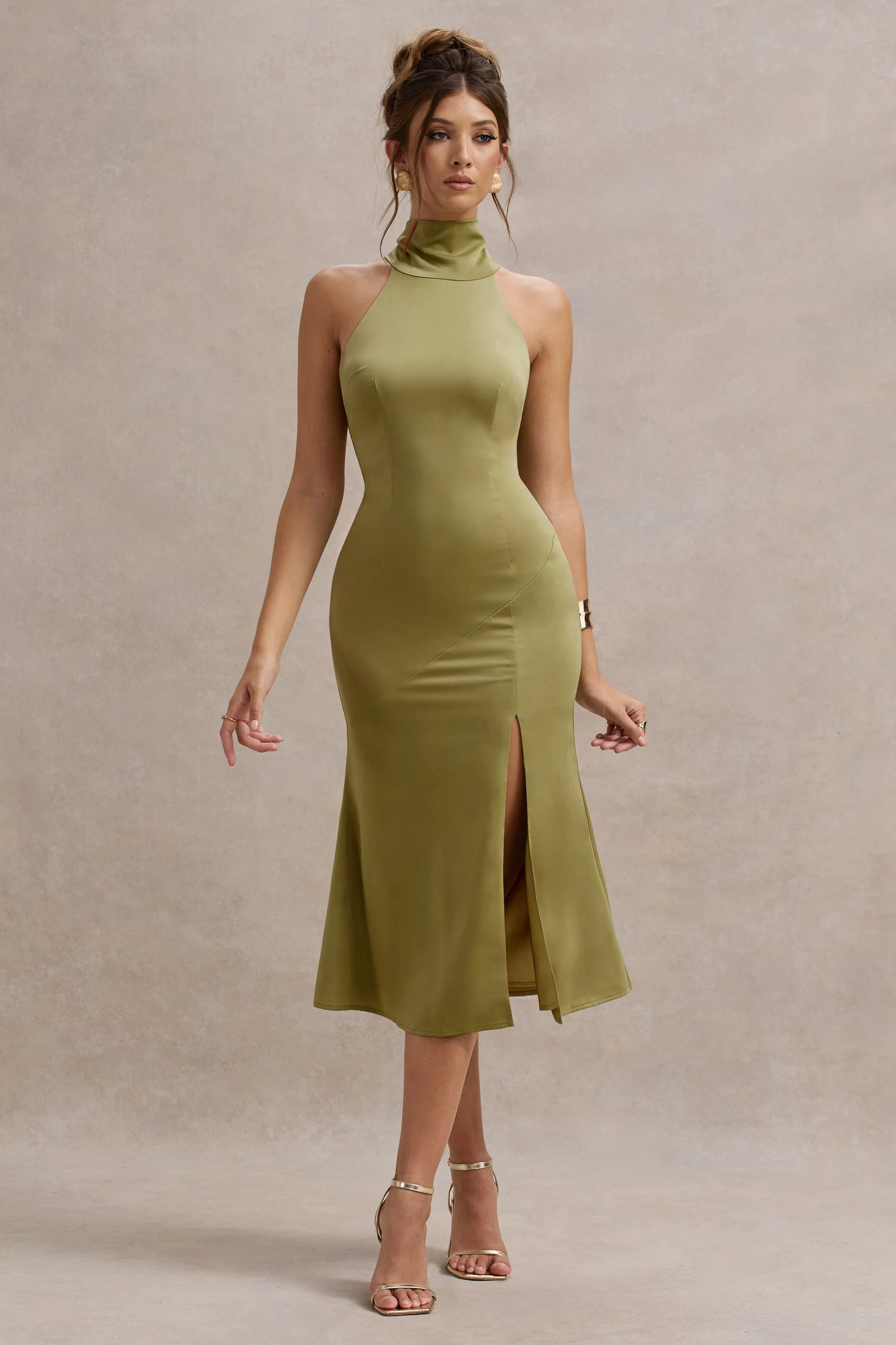 Olive Satin High-Neck Split Midi Dress