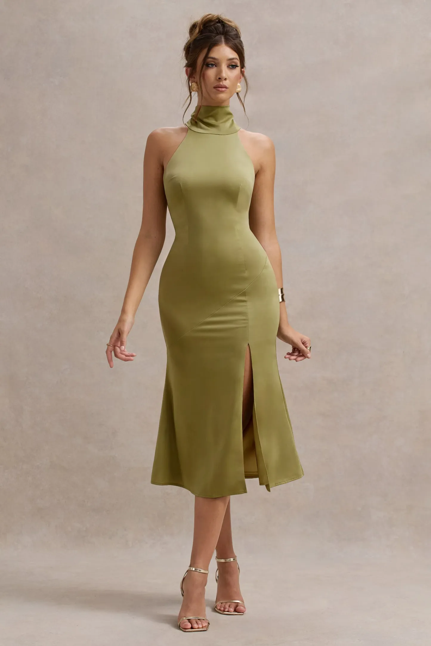 Olive Satin High-Neck Split Midi Dress