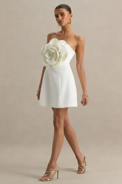 White Bandeau Mini Dress With Large Floral Corsage