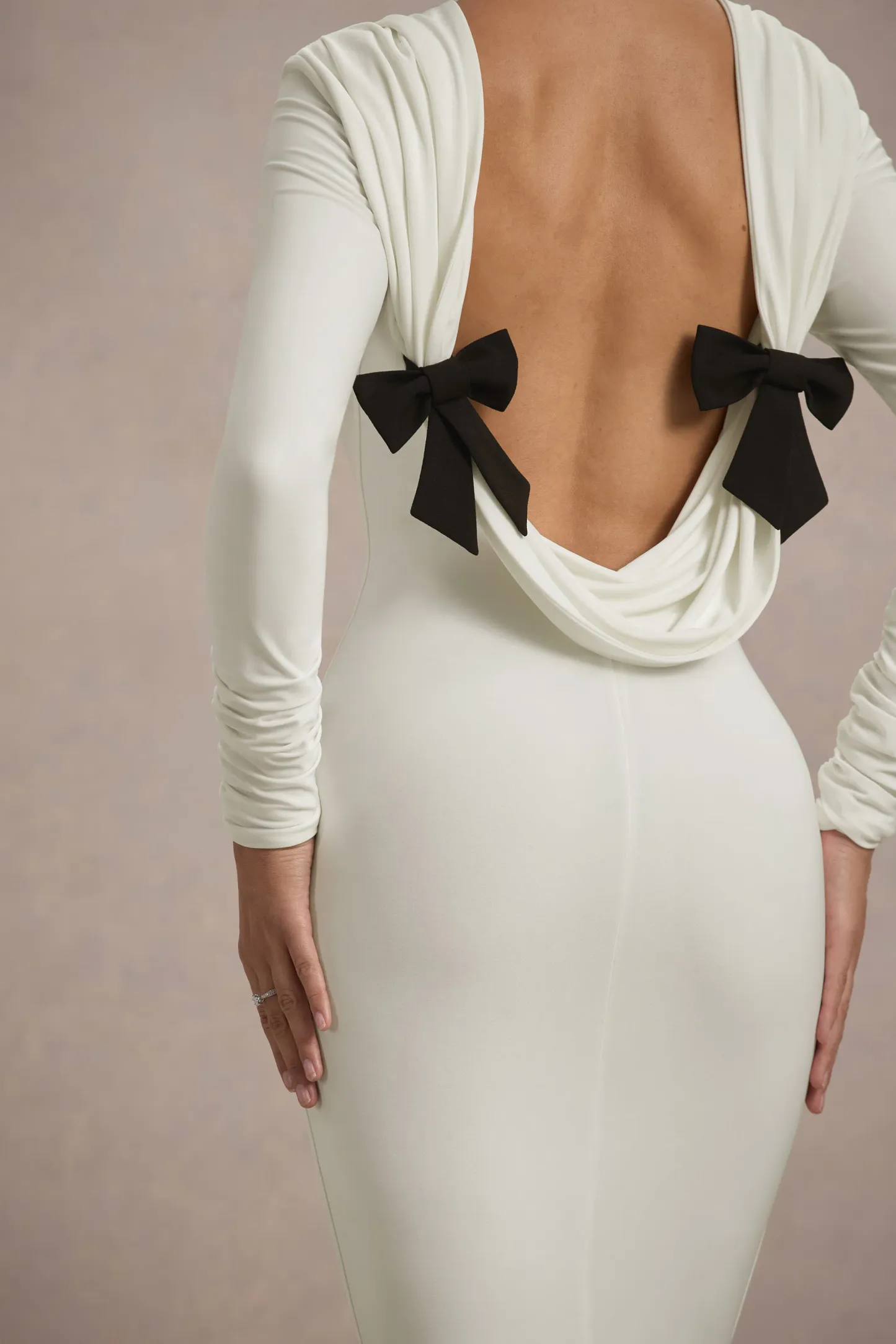 Cream Long-Sleeve Cowl-Back Maxi Dress With Bows