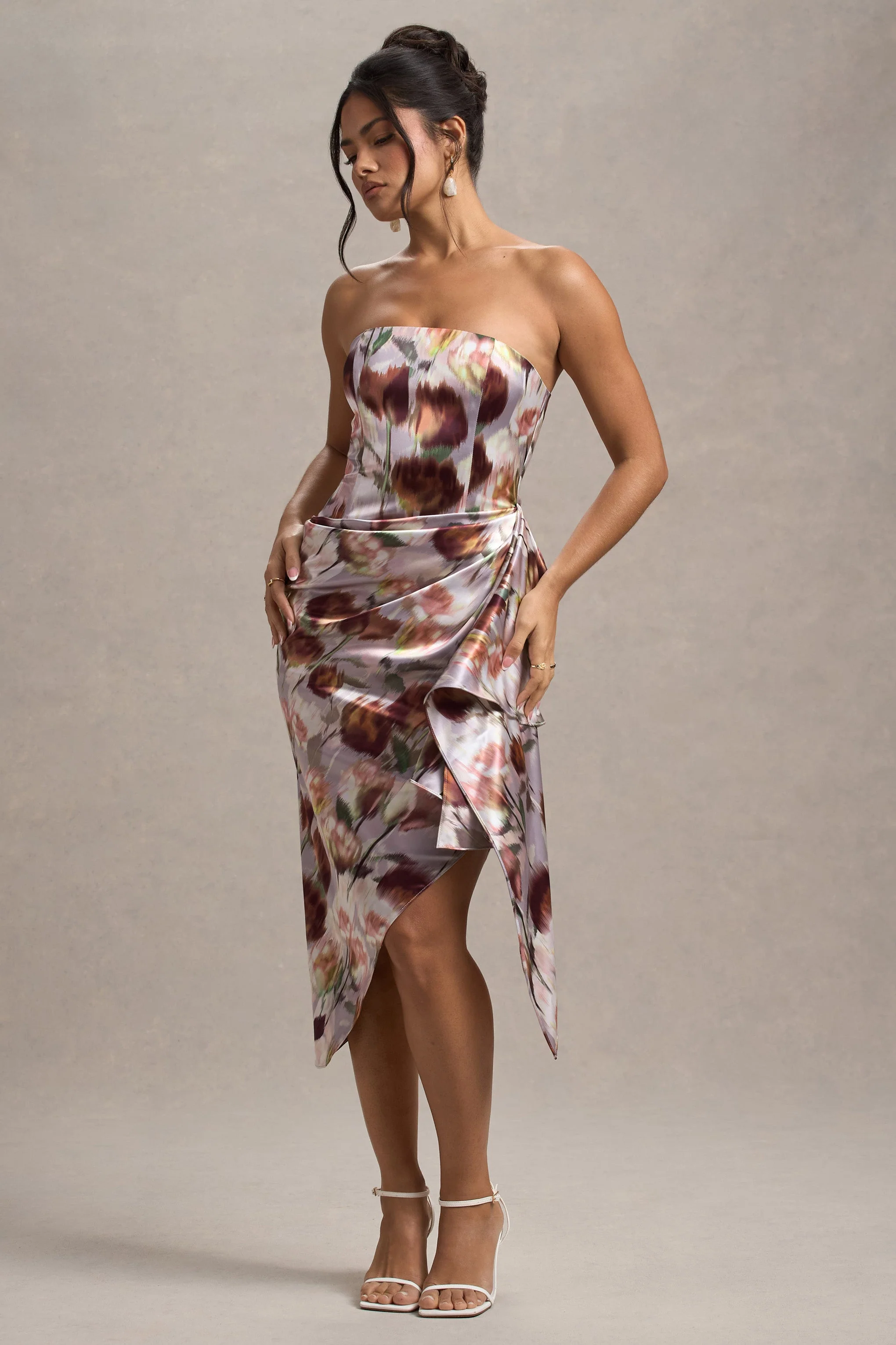 Cream Floral Print Satin Strapless Wrap Midi Dress