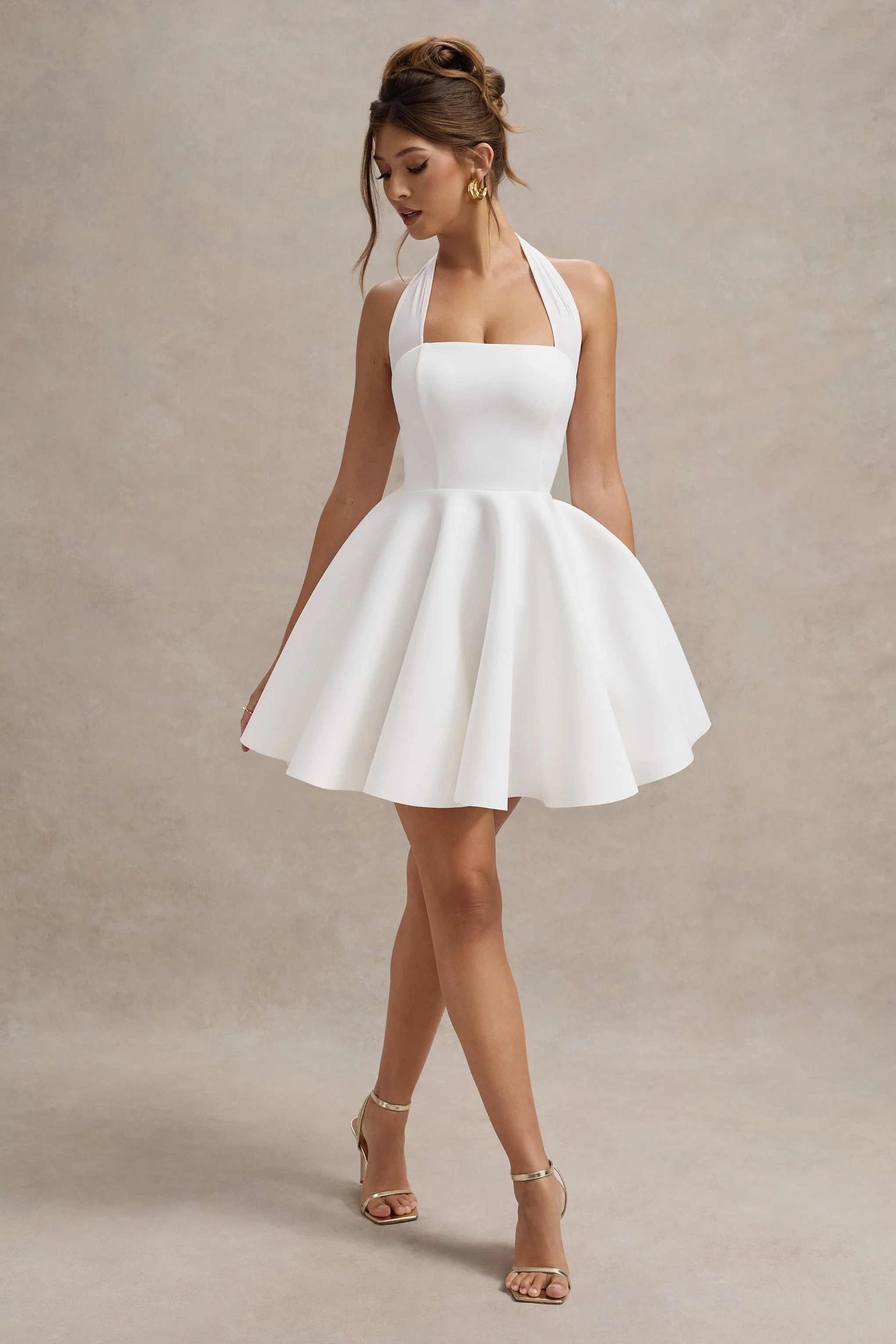 White Halter-Neck Skater Mini Dress