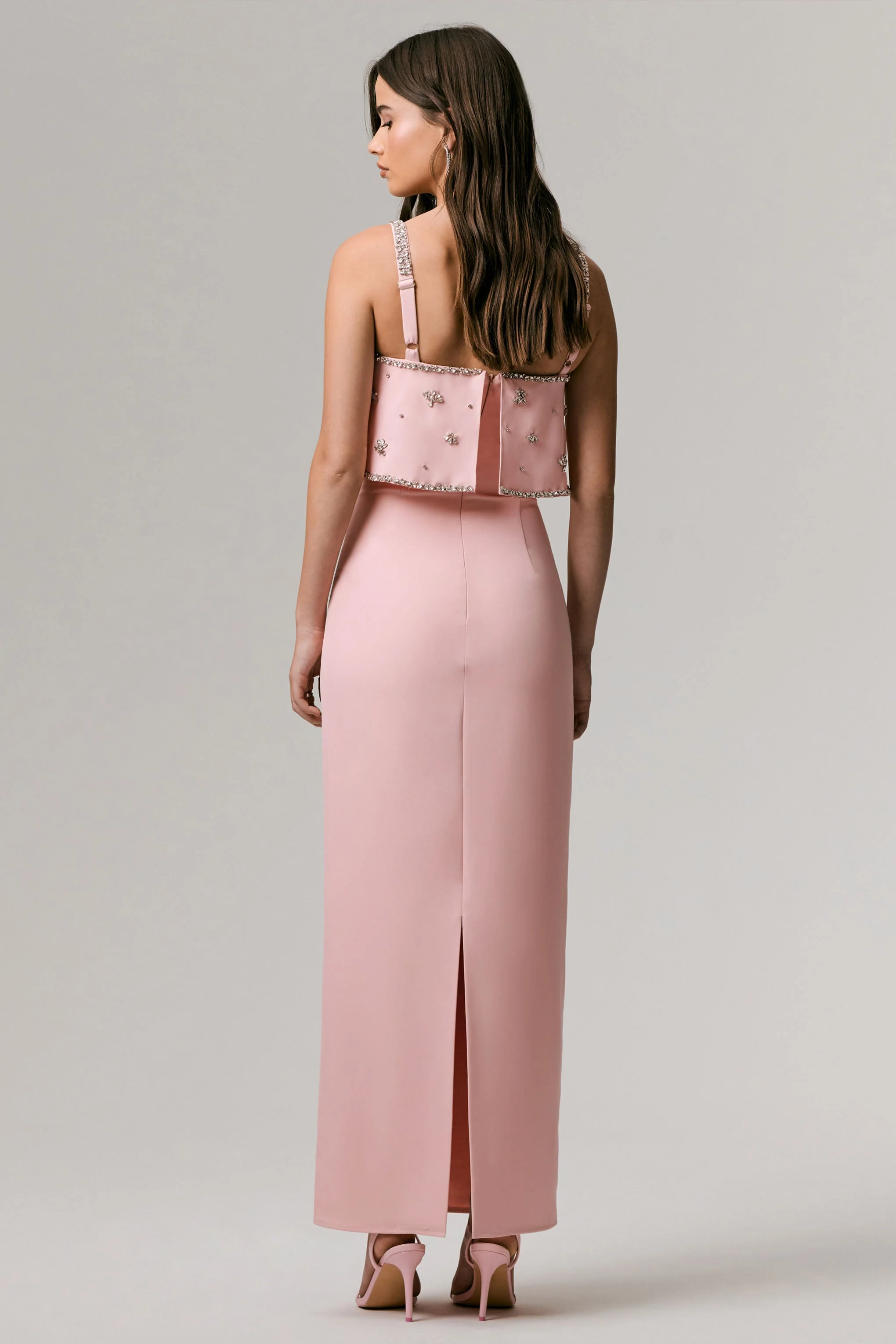 Pale Pink Square-Neck Embellished Maxi Dress