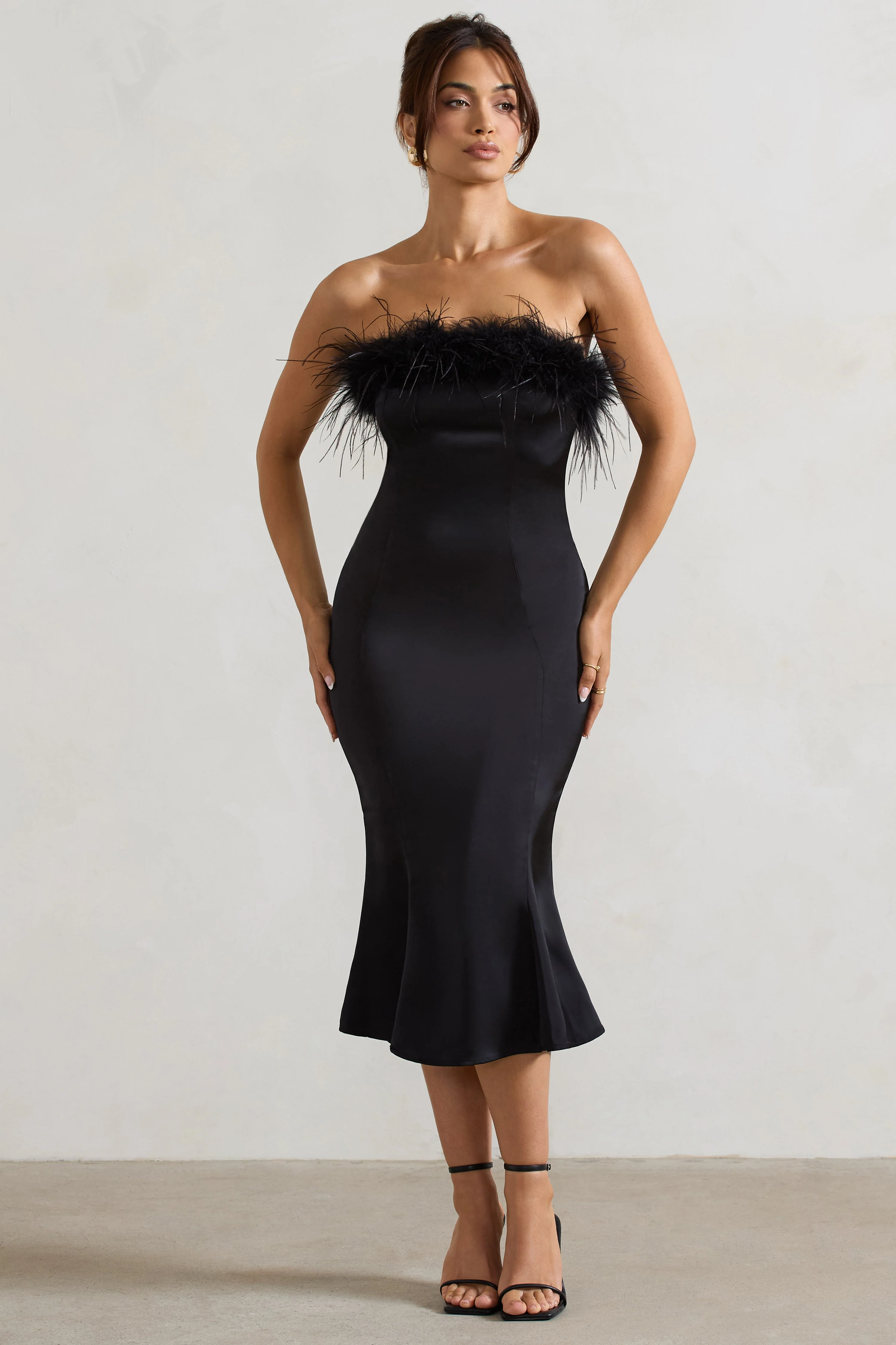 Black Satin Feather Trim Bandeau Midi Dress