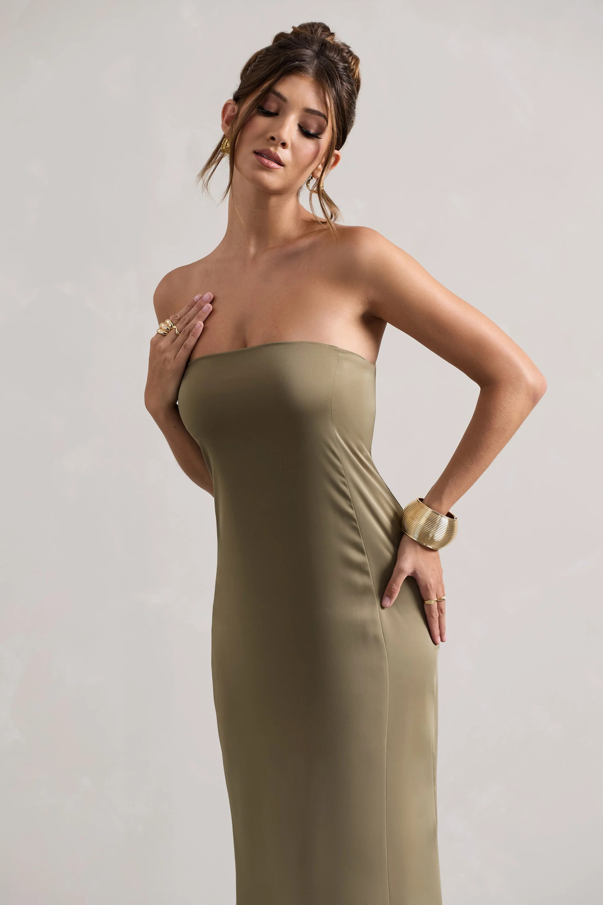 Olive Satin Bandeau Maxi Dress