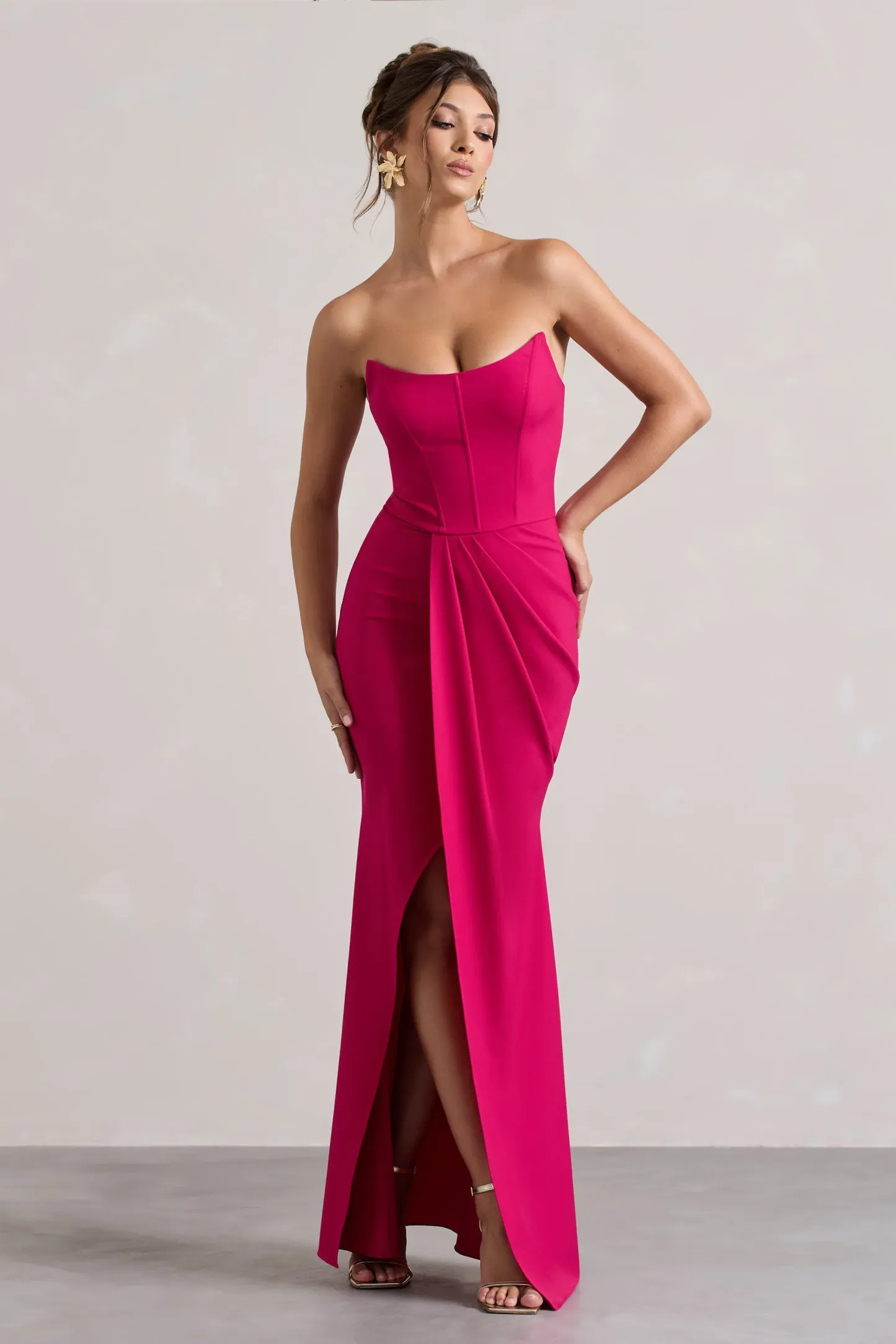 Hot Pink Strapless Corset Wrap Maxi Dress