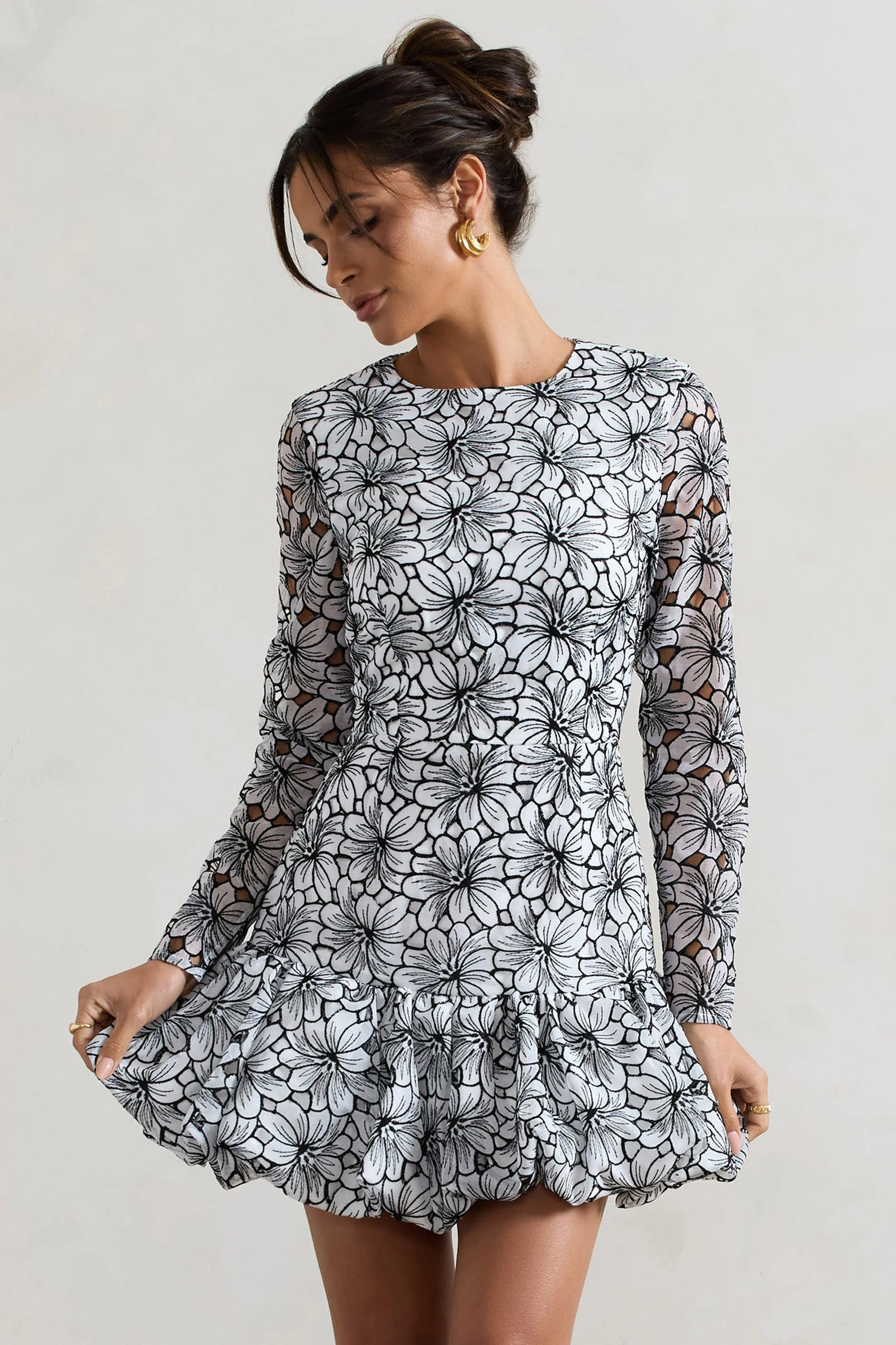 Black & White Lace Long-Sleeve Mini Dress With Ruffle Hem