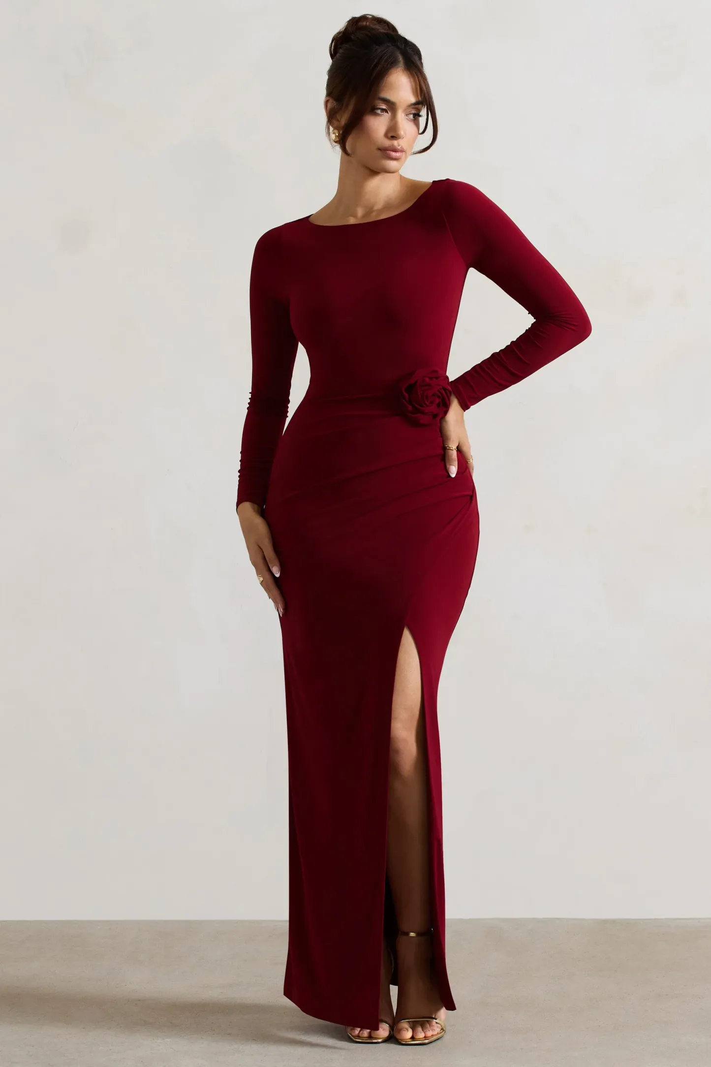 Berry Long-Sleeve Wrap Maxi Dress With Corsages