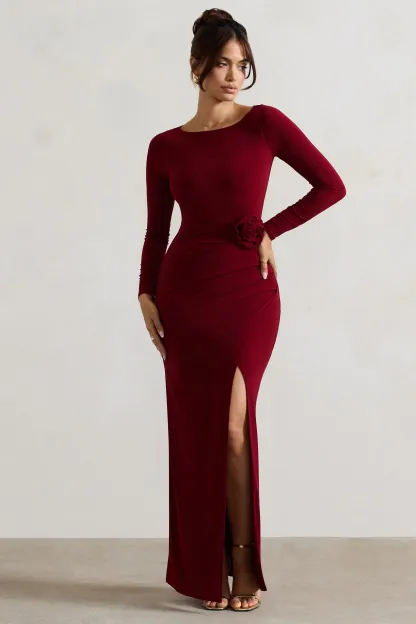 Berry Long-Sleeve Wrap Maxi Dress With Corsages