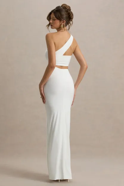White Asymmetric Cut-Out Split Maxi Dress