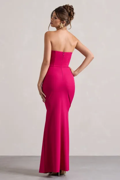 Hot Pink Strapless Corset Wrap Maxi Dress
