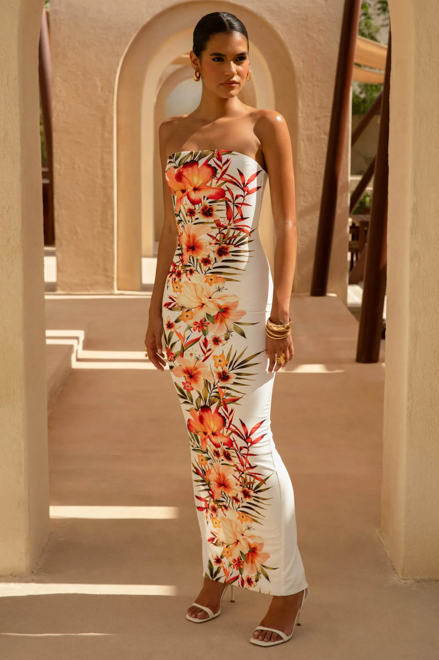 White Floral Print Bandeau Maxi Dress
