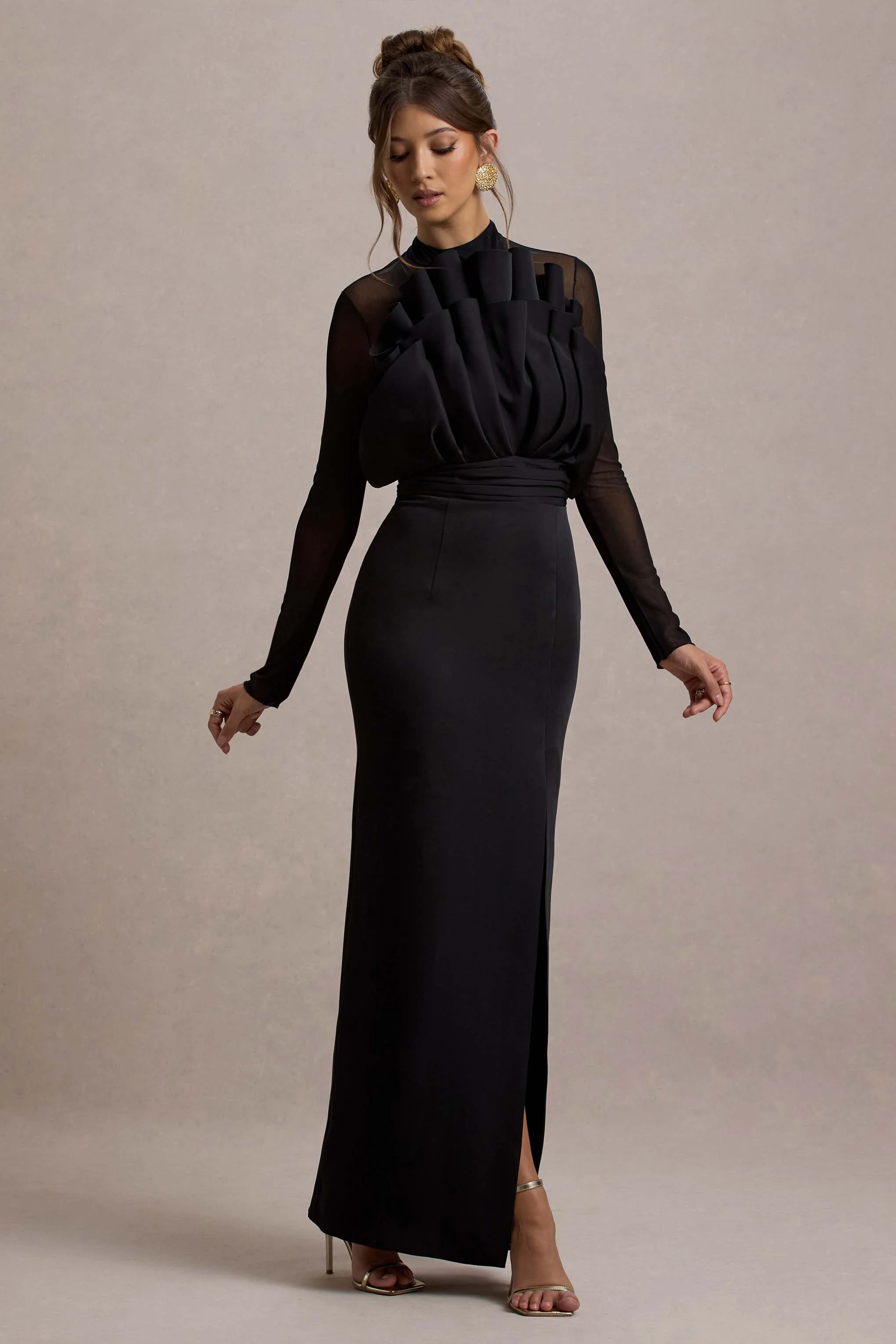 Black Mesh Long-Sleeve Ruffled Split Maxi Dress